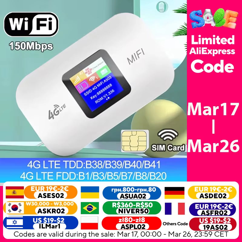 4G Lte Router Wireless Wifi Portable Modem Mini Outdoor Hotspot Pocket Mifi 150Mbps Sim Card Slot Repeater 3000Mah